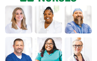 Collage of six smiling nurses in scrubs and white coats with the text ‘Celebrating Nurses’ and ‘Leading Today, Shaping Tomorrow.